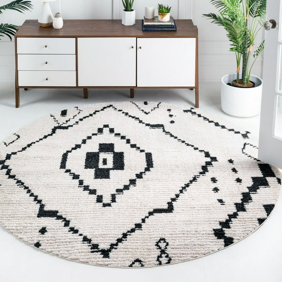 Rugs.com Morocco Collection Rug – 4 Ft Round Ivory High-Pile Rug Perfect For Kitchens, Dining Rooms