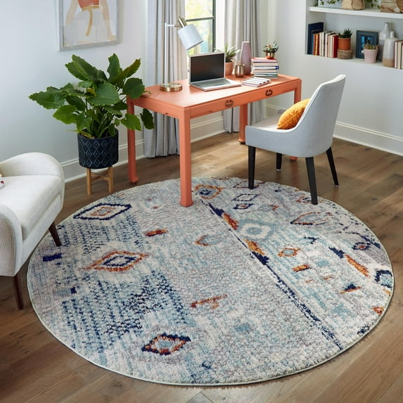 Rugs.com Morocco Collection Rug – 4 Ft Round Light Blue High-Pile Rug Perfect For Kitchens, Dining Rooms