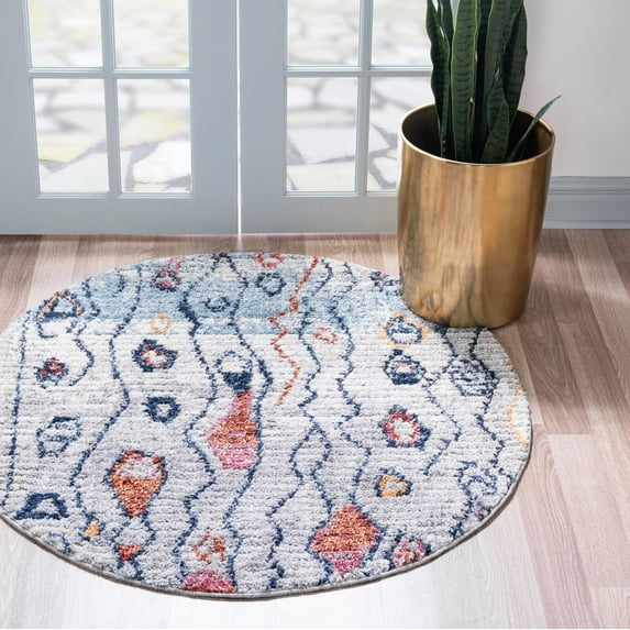 Rugs.com Morocco Collection Rug – 4 Ft Round Multi High-Pile Rug Perfect For Kitchens, Dining Rooms