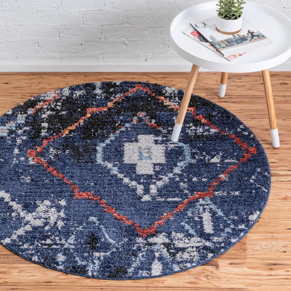Rugs.com Morocco Collection Rug – 4 Ft Round Navy Blue High-Pile Rug Perfect For Kitchens, Dining Rooms