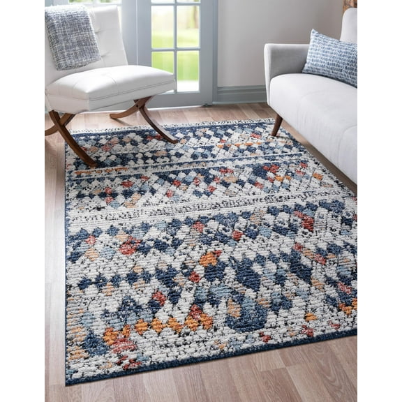 Rugs Moroccan, Abstract Navy-Blue Geometric Area Rugs, 5' x 8', Stain Resistant
