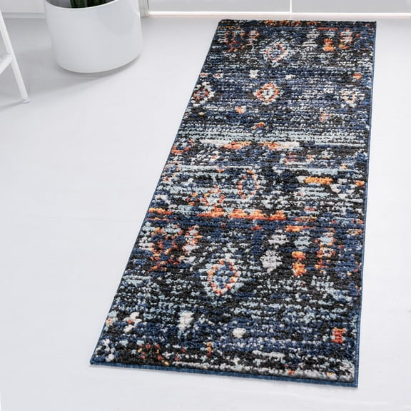 Rugs.com Morocco Collection Rug – 6 Ft Runner Navy Blue High-Pile Rug Perfect For Hallways, Entryways