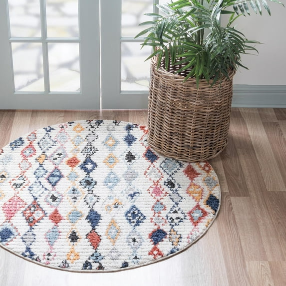 Rugs.com Morocco Collection Rug – 7 Ft Round Multi High-Pile Rug Perfect For Kitchens, Dining Rooms