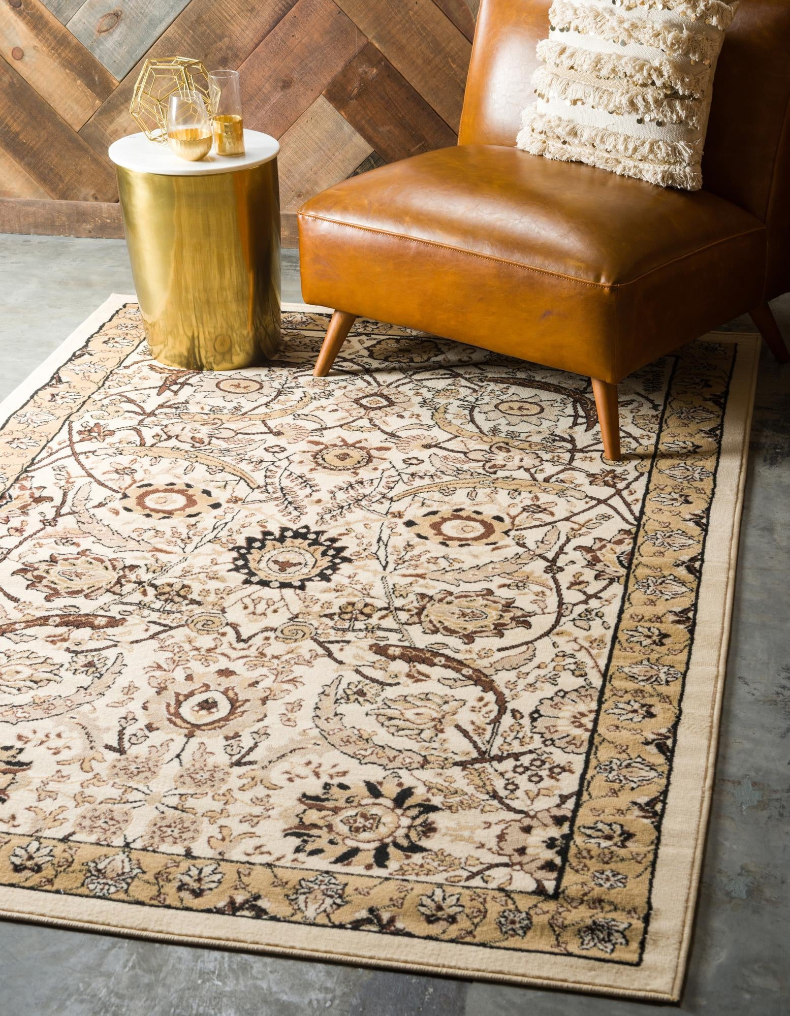 Ivory Floral Rectangular Synthetic Easy Care Rug 10' x 13'