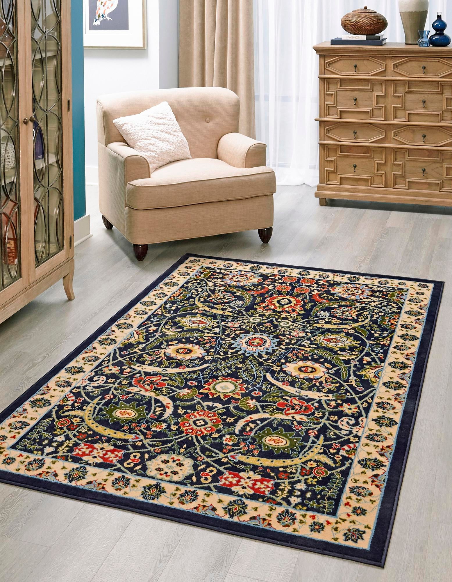 Navy Blue and Cream Synthetic 4' x 6' Rectangular Rug