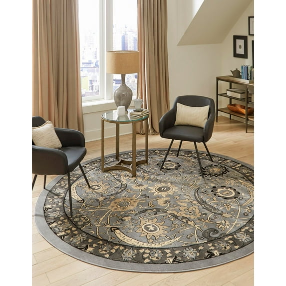 Rugs.com Neda Collection Rug – 8 Ft Round Dark Gray Low Rug Perfect For Kitchens, Dining Rooms