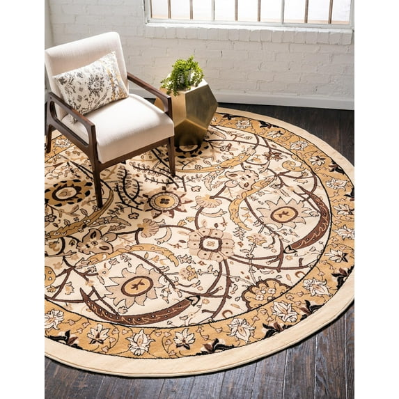 Rugs.com Neda Collection Rug – 8 Ft Round Ivory Low Rug Perfect For Kitchens, Dining Rooms