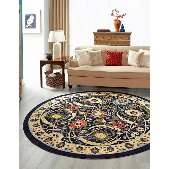 Rugs.com Neda Collection Rug – 8 Ft Round Navy Blue Low Rug Perfect For Kitchens, Dining Rooms