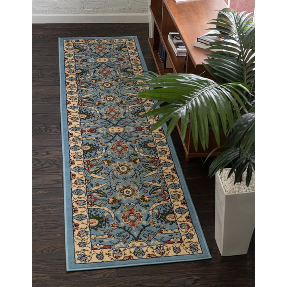 Rugs.com Neda Collection Rug – 8 Ft Runner Blue Low Rug Perfect For Hallways, Entryways
