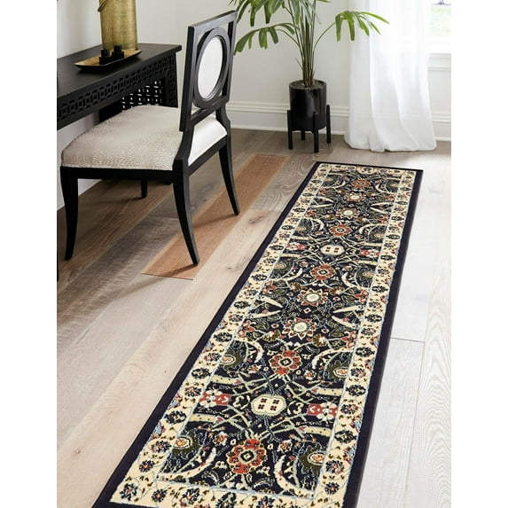 Rugs.com Neda Collection Rug – 8 Ft Runner Navy Blue Low Rug Perfect For Hallways, Entryways