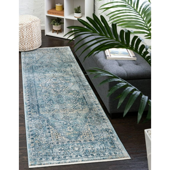 Rugs.com Newport Collection Rug – 2' x 4' Runner Blue Medium Rug Perfect For Hallways, Entryways