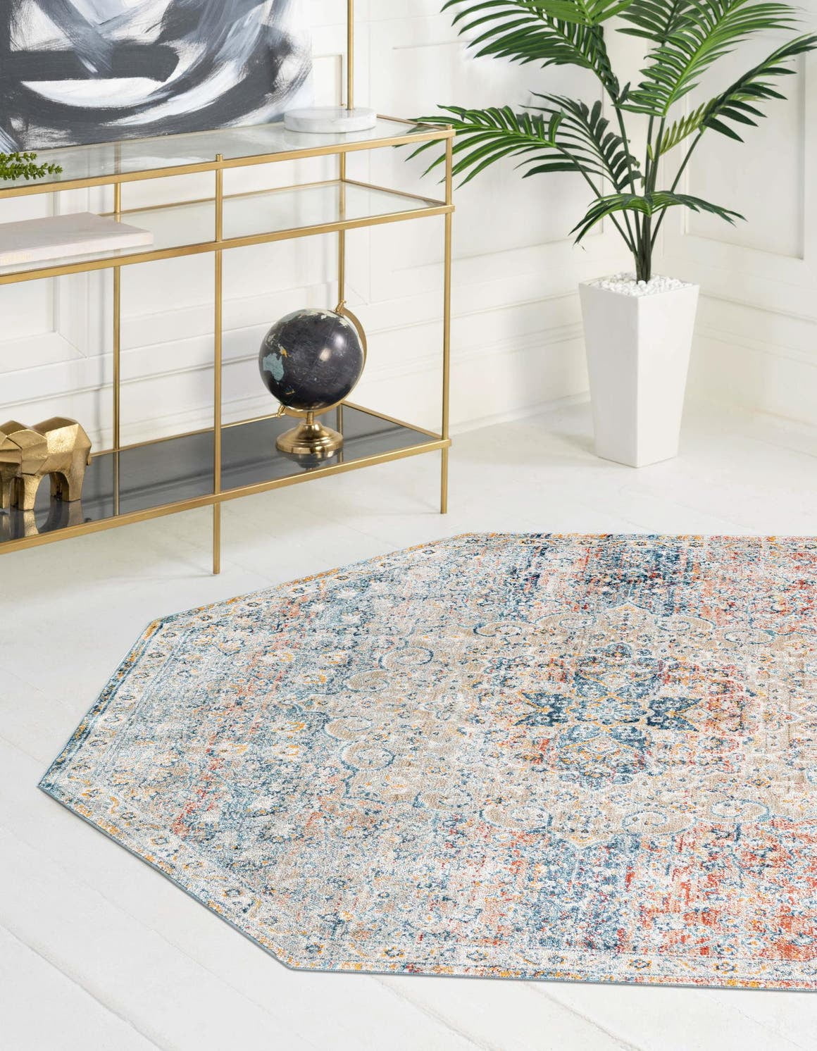 Rugs.com Newport Collection Rug – 4' Octagon Multi Medium Rug Perfect For Living Rooms, Kitchens, Entryways