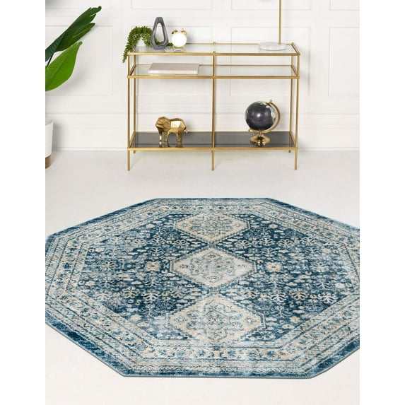 Rugs.com Newport Collection Rug – 4' Octagon Navy Blue Medium Rug Perfect For Living Rooms, Kitchens, Entryways