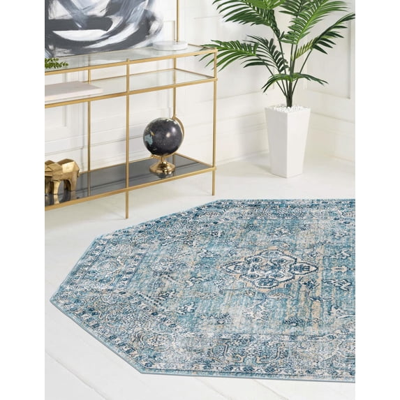 Rugs.com Newport Collection Rug – 7' Octagon Blue Medium Rug Perfect For Living Rooms, Kitchens, Entryways