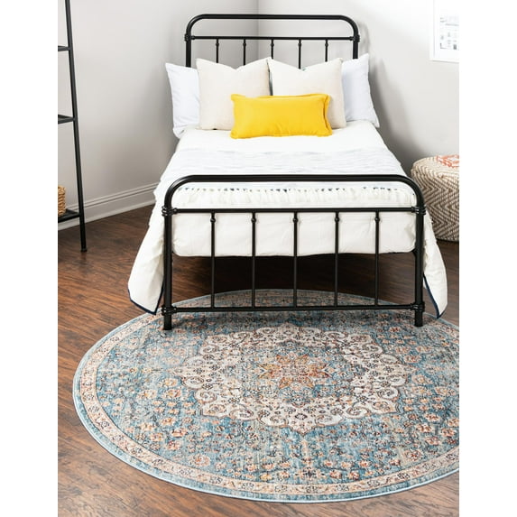 Rugs.com Newport Collection Rug – 7' Round Blue Medium Rug Perfect For Kitchens, Dining Rooms