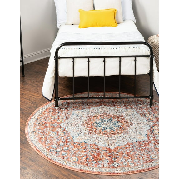 Rugs.com Newport Collection Rug – 7' Round Red Medium Rug Perfect For Kitchens, Dining Rooms