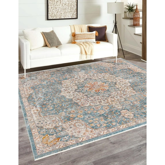 Rugs.com Newport Collection Rug – 8' Square Blue Medium Rug Perfect For Living Rooms, Kitchens, Entryways