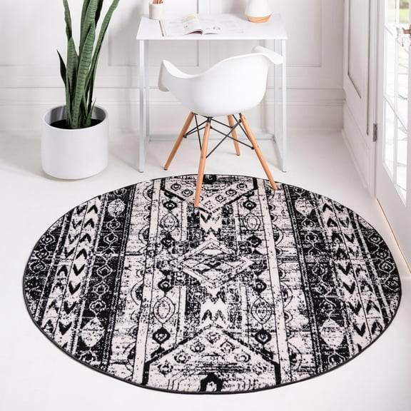 Rugs.com Oregon Collection Rug – 3 Ft Round Black And White Low-Pile Rug Perfect For Kitchens, Dining Rooms