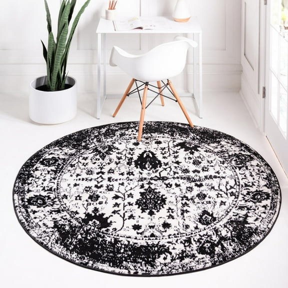 Rugs.com Oregon Collection Rug – 3 Ft Round Black And White Low-Pile Rug Perfect For Kitchens, Dining Rooms