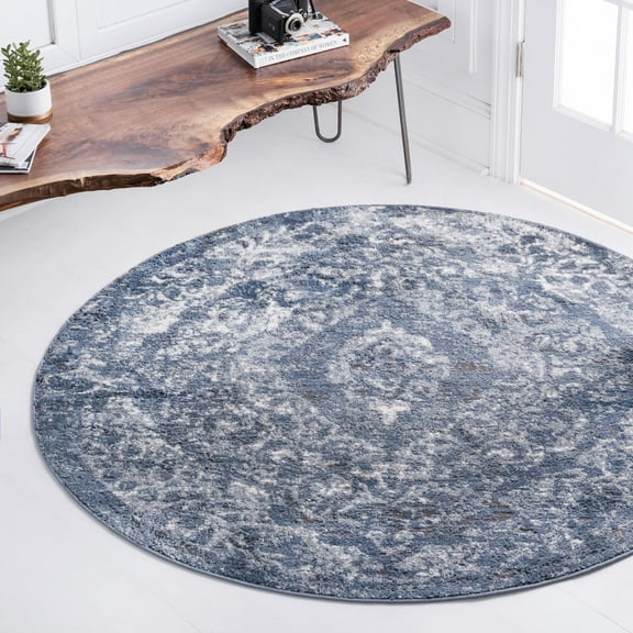 Rugs.com Oregon Collection Rug – 3 Ft Round Blue Low-Pile Rug Perfect For Kitchens, Dining Rooms