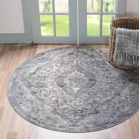 Rugs.com Oregon Collection Rug – 3 Ft Round Gray Low-Pile Rug Perfect For Kitchens, Dining Rooms