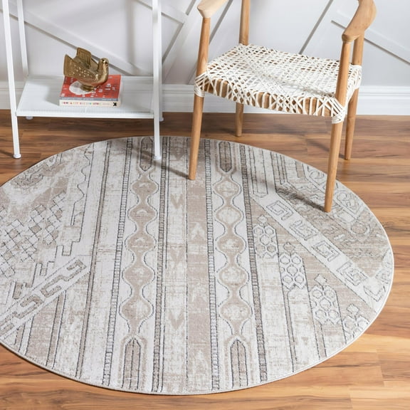 Rugs.com Oregon Collection Rug – 3 Ft Round Ivory Low-Pile Rug Perfect For Kitchens, Dining Rooms