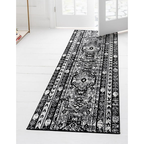 Rugs.com Oregon Collection Rug – 6 Ft Runner Black And White Low-Pile Rug Perfect For Hallways, Entryways