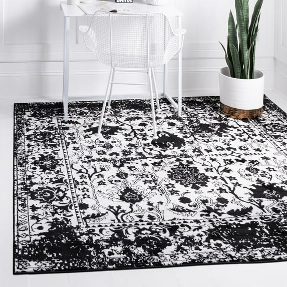 Rugs.com Oregon Collection Rug – 6 Ft Square Black And White Low-Pile Rug Perfect For Living Rooms, Kitchens, Entryways
