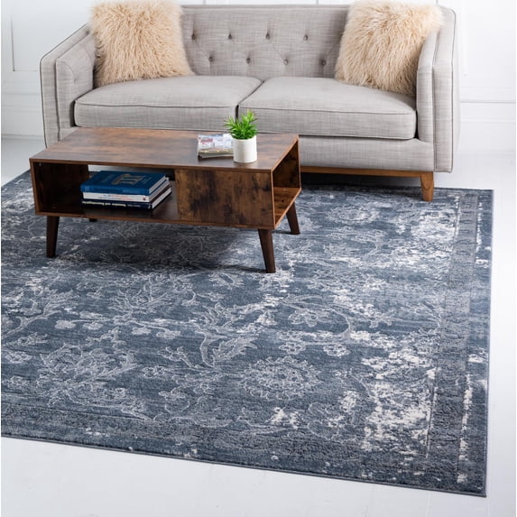 Rugs.com Oregon Collection Rug – 6 Ft Square Blue Low-Pile Rug Perfect For Living Rooms, Kitchens, Entryways