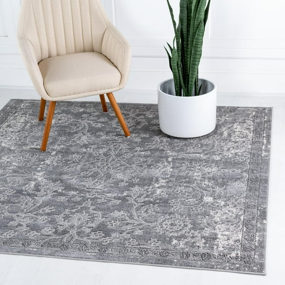Rugs.com Oregon Collection Rug – 6 Ft Square Gray Low-Pile Rug Perfect For Living Rooms, Kitchens, Entryways