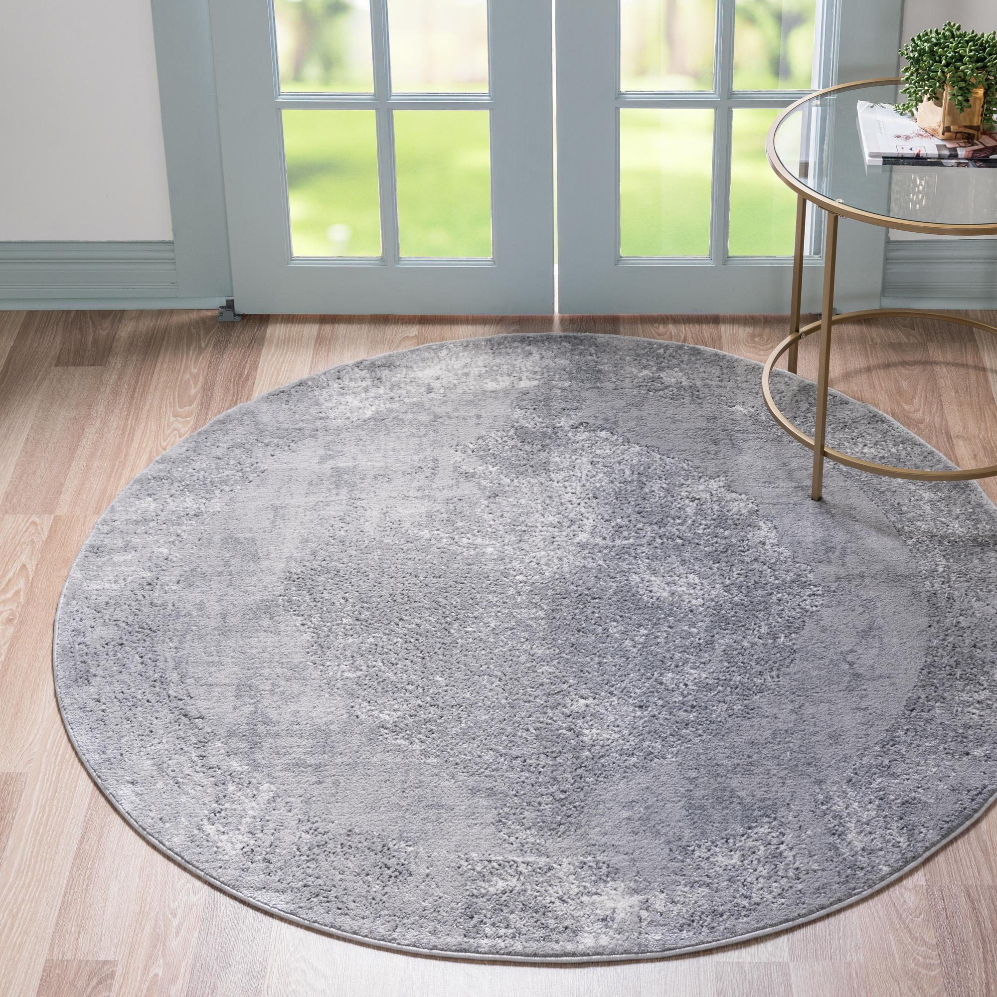 Gray Round Stain-Resistant Synthetic Area Rug