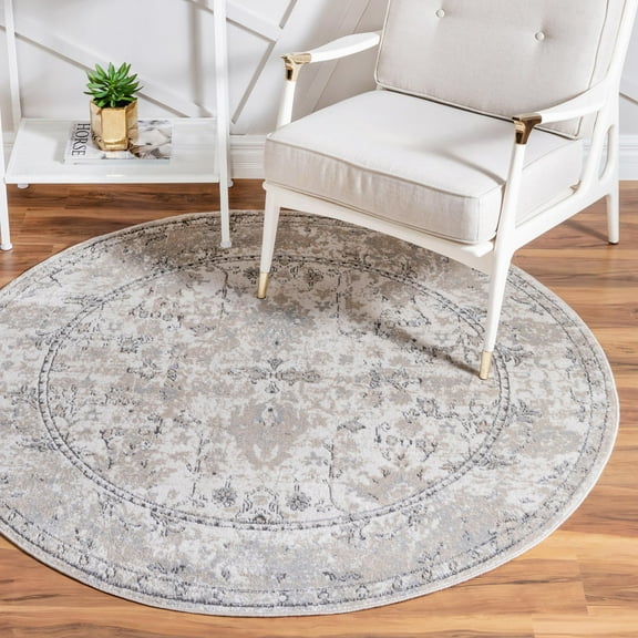 Rugs.com Oregon Collection Rug – 7 Ft Round Ivory Low-Pile Rug Perfect For Kitchens, Dining Rooms