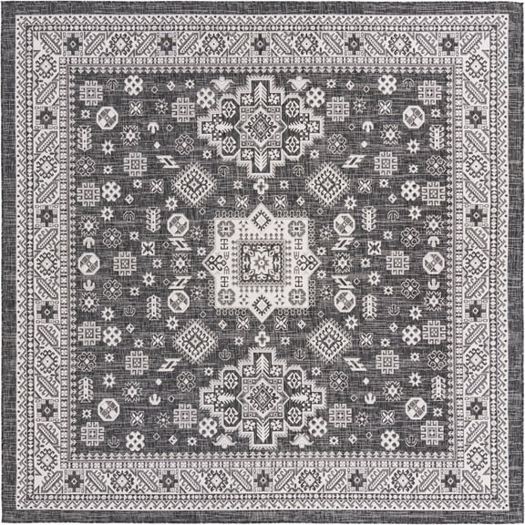 Rugs.com Outdoor Aztec Collection Rug – 10 Ft Square Charcoal Gray Flatweave Rug Perfect For Living Rooms, Kitchens, Entryways
