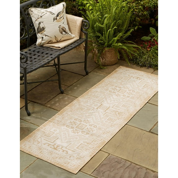 Rugs.com Outdoor Aztec Collection Rug – 12 Ft Runner Natural Flatweave Rug Perfect For Hallways, Entryways