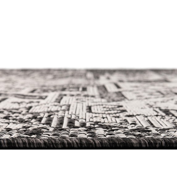 Rugs.com Outdoor Aztec Collection Rug – 3 Ft Round Charcoal Gray Flatweave Rug Perfect For Kitchens, Dining Rooms