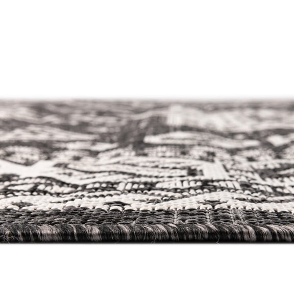 Rugs.com Outdoor Aztec Collection Rug – 3 Ft Round Charcoal Gray Flatweave Rug Perfect For Kitchens, Dining Rooms