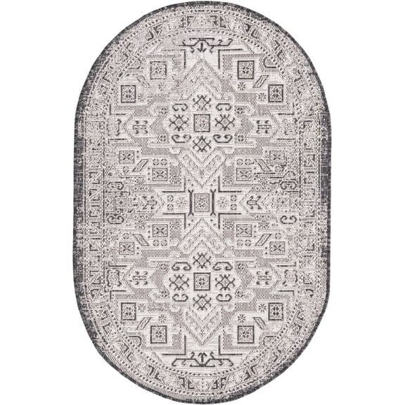 Rugs.com Outdoor Aztec Collection Rug – 3' x 5' Oval Charcoal Gray Flatweave Rug Perfect For Living Rooms, Large Dining Rooms, Open Floorplans