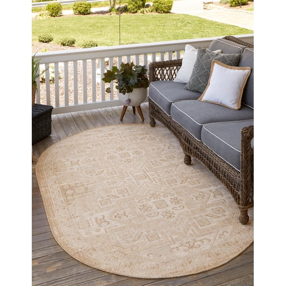 Rugs.com Outdoor Aztec Collection Rug – 3' x 5' Oval Natural Flatweave Rug Perfect For Living Rooms, Large Dining Rooms, Open Floorplans