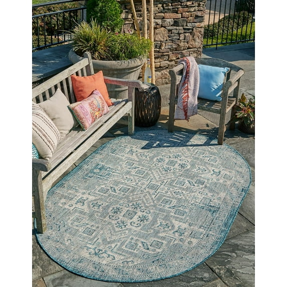 Rugs.com Outdoor Aztec Collection Rug – 3' x 5' Oval Teal Flatweave Rug Perfect For Living Rooms, Large Dining Rooms, Open Floorplans