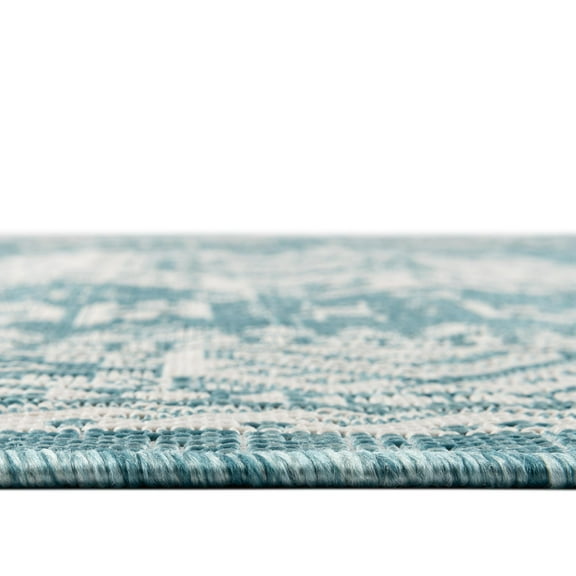 Rugs.com Outdoor Aztec Collection Rug – 4' x 6' Aqua Flatweave Rug Perfect For Living Rooms, Large Dining Rooms, Open Floorplans