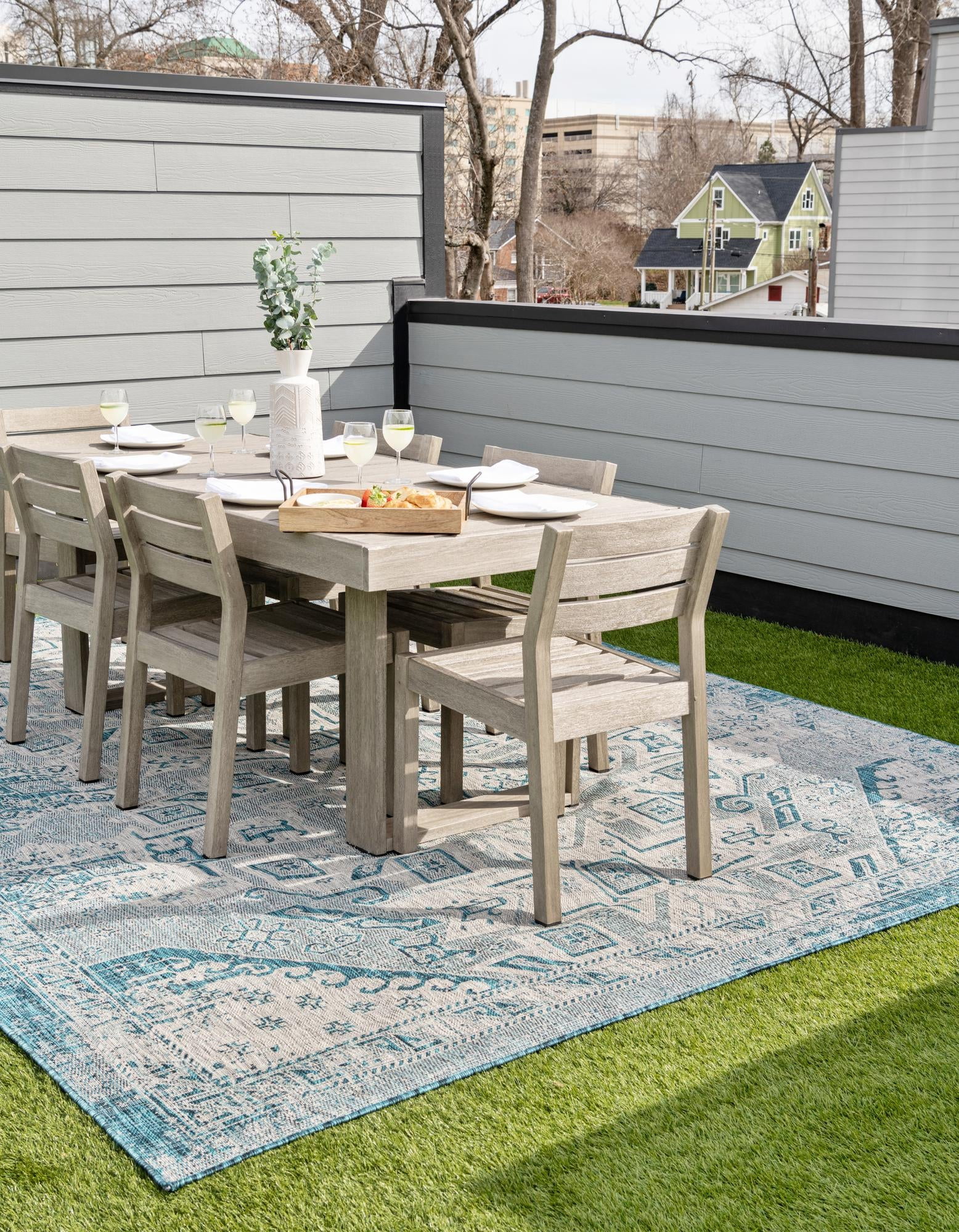 Rugs.com Outdoor Aztec Collection Rug – 4' x 6' Teal Flatweave Rug ...
