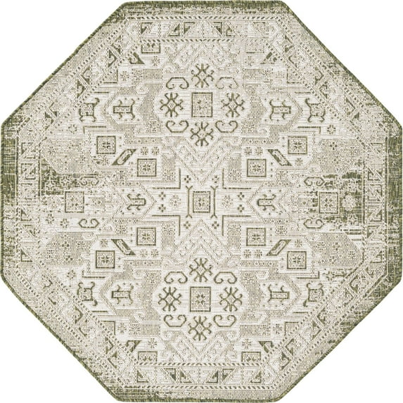 Rugs.com Outdoor Aztec Collection Rug – 5 Ft Octagon Green Flatweave Rug Perfect For Living Rooms, Kitchens, Entryways