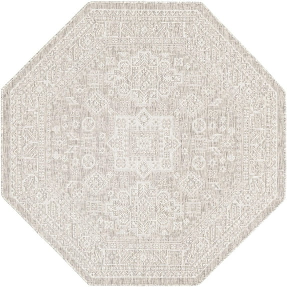 Rugs.com Outdoor Aztec Collection Rug – 5 Ft Octagon Light Gray Flatweave Rug Perfect For Living Rooms, Kitchens, Entryways