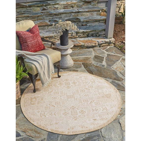 Rugs.com Outdoor Aztec Collection Rug – 5 Ft Round Natural Flatweave Rug Perfect For Kitchens, Dining Rooms