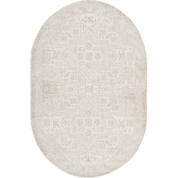 Rugs.com Outdoor Aztec Collection Rug – 5' x 8' Oval Light Gray Flatweave Rug Perfect For Living Rooms, Large Dining Rooms, Open Floorplans
