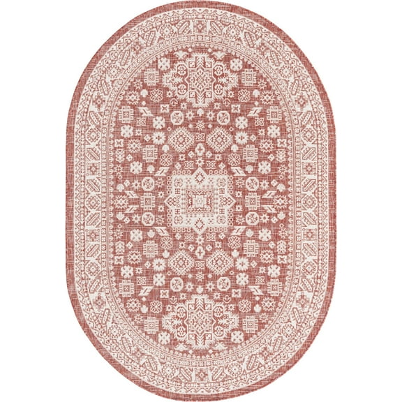 Rugs.com Outdoor Aztec Collection Rug – 5' x 8' Oval Rust Red Flatweave Rug Perfect For Living Rooms, Large Dining Rooms, Open Floorplans