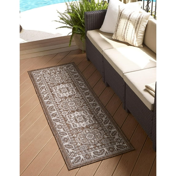 Rugs.com Outdoor Aztec Collection Rug – 6 Ft Runner Brown Flatweave Rug Perfect For Hallways, Entryways