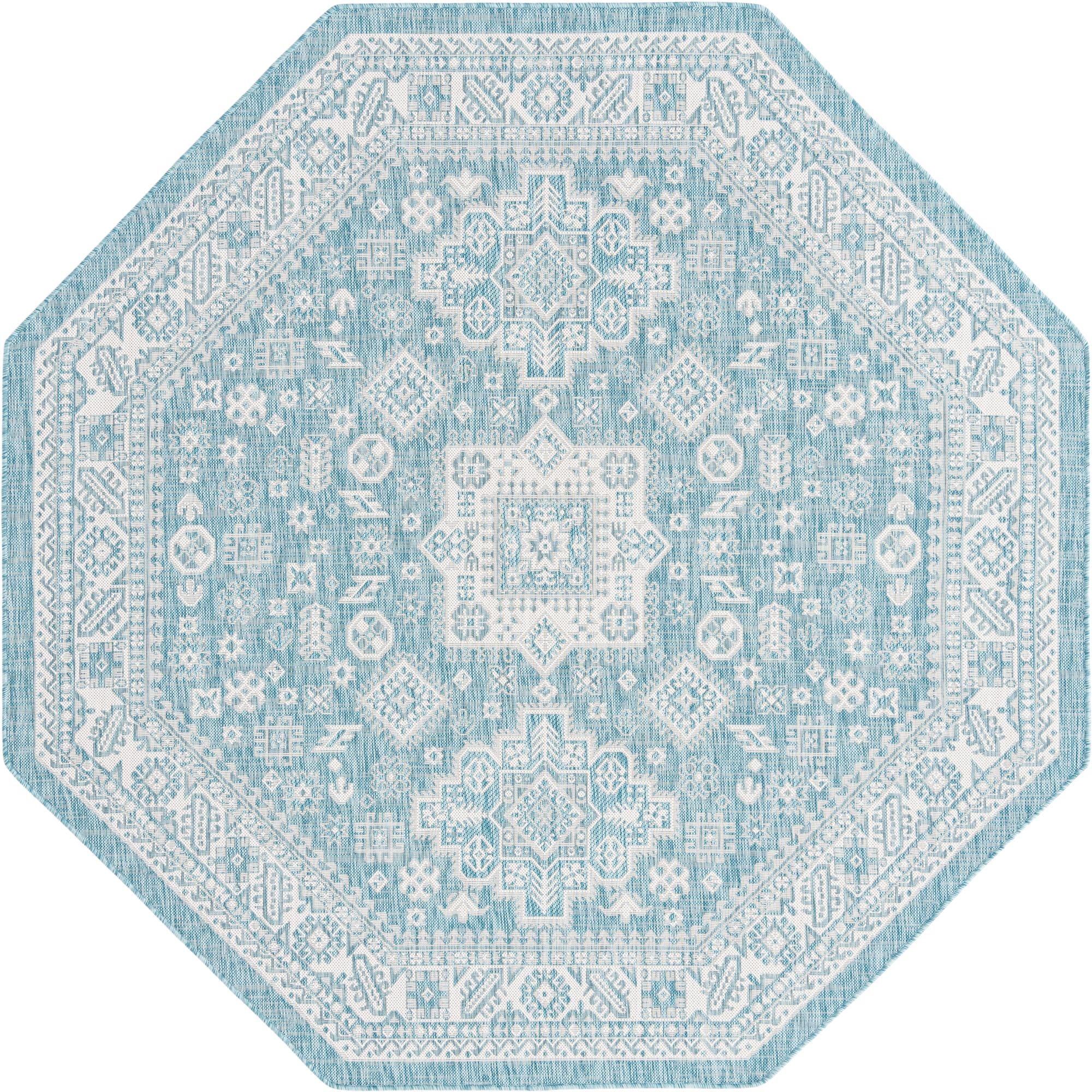 Rugs.com Outdoor Aztec Collection Rug – 8 Ft Octagon Aqua Flatweave Rug ...