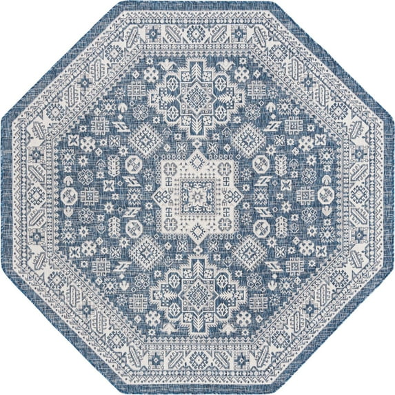 Rugs.com Outdoor Aztec Collection Rug – 8 Ft Octagon Blue Flatweave Rug Perfect For Living Rooms, Kitchens, Entryways