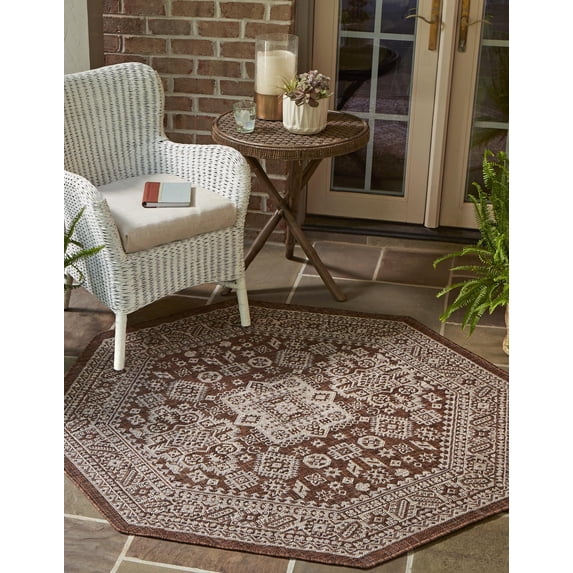 Rugs.com Outdoor Aztec Collection Rug – 8 Ft Octagon Brown Flatweave Rug Perfect For Living Rooms, Kitchens, Entryways
